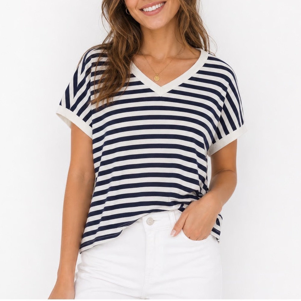 BP Nordstrom Womens Striped V-Neck T-Shirt Navy Blue Cream Size L